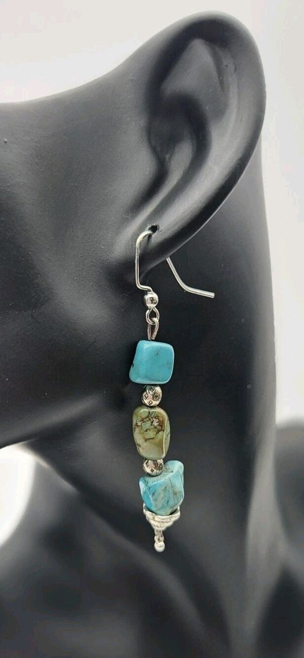 Turquoise Style Stone Bead Dangle Earrings Silver Tone Hook Boho Southwest...